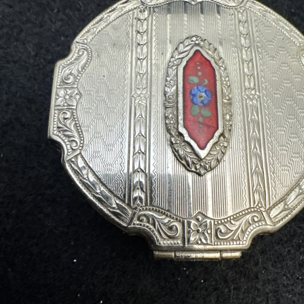 Antique Art Deco Silver Blue Guilloche Enamel Fob Chain Puff Dance Compact